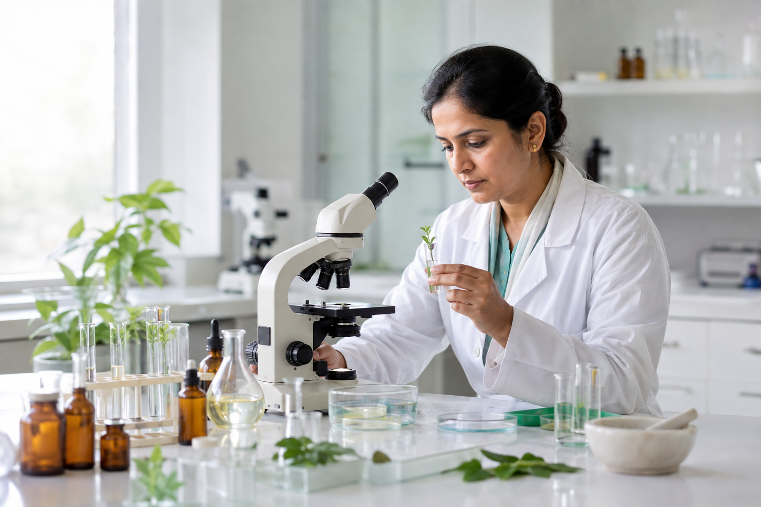 Quality scientist inspecting a botanical sample